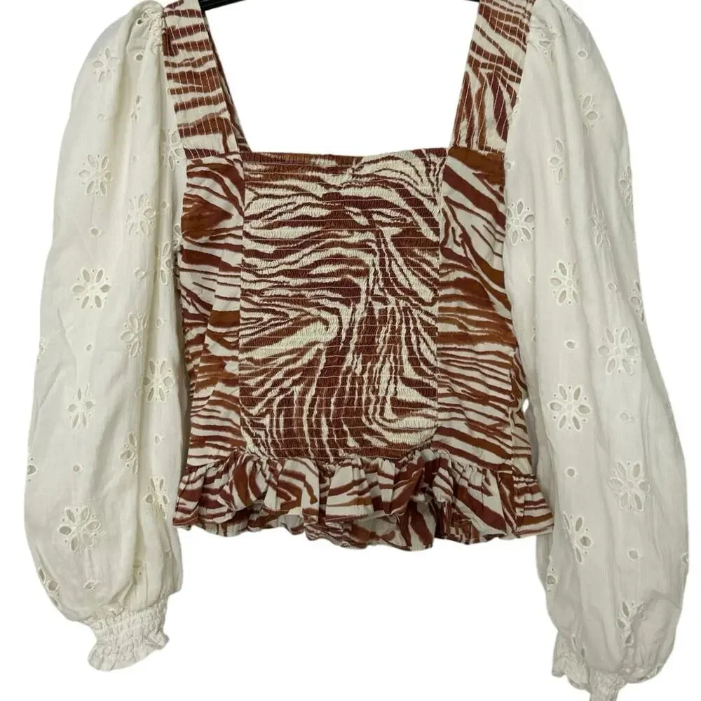 Anthropologie Love The Label Puff Sleeve Eyelet Smocked Top XS Boho Cottage